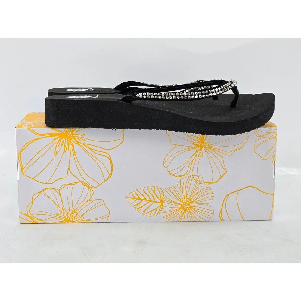 Yellow Box Jello Sandals Womens 9.5 Black Pewter Rhinestone Wedge - Excellent